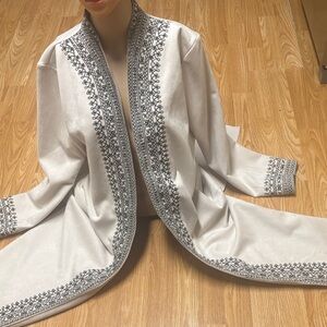 Solitaire Size XL SPRING Cream color duster coat. Black machine embroidery front